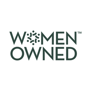 The image features the words WOMEN OWNED in bold, dark green letters. The O in WOMEN is stylized with abstract human figures forming a circular pattern. The background is white.