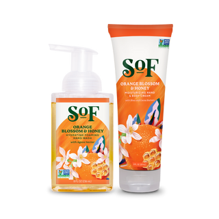 Two Sof products—Orange Blossom and Honey Foaming Hand Soap and Hand & Body Cream—both feature orange, flower, and honeycomb graphics.