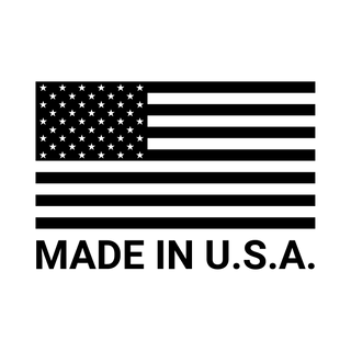 Black and white graphic of the United States flag above bold text that reads “MADE IN U.S.A.” on a plain light background.