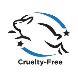 A black and white drawing of a leaping rabbit with blue curved lines and two stars, above the words Cruelty-Free on a light background.