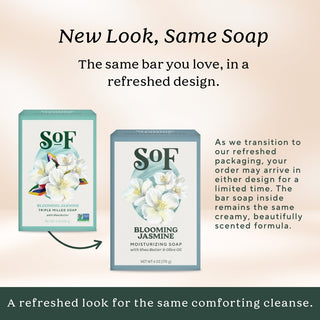 Two boxes of Blooming Jasmine Moisturizing Bar Soap—one old, one new—are shown side by side. Text notes the packaging update and assures that the moisturizing, triple-milled bar soap’s lather remains unchanged.