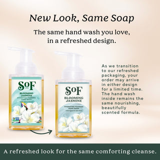 Two bottles of Blooming Jasmine Hydrating Foaming Hand Wash, in old and new packaging, appear on a light floral background. Text notes the look is updated but the aloe vera–infused formula stays the same.
