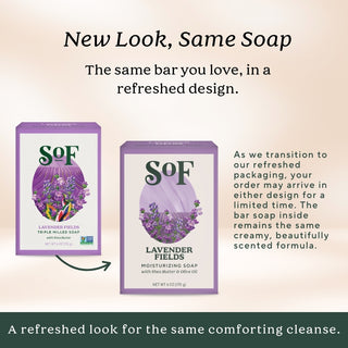 Two boxes of Lavender Fields Moisturizing Bar Soap display its new look. The triple-milled formula with organic shea butter remains the same. A green banner reads, "A refreshed look for the same comforting cleanse.