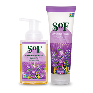 Lavender Fields Foaming Hand Soap in a clear pump with golden liquid, and Hand & Body Cream with layered scents—both featuring lavender flower designs—are perfect essentials for your daily cleanse and care.