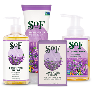 The Lavender Fields Bundle showcases four products—hand wash, hand and body cream, moisturizing soap, and foaming hand wash—all featuring lavender flower graphics on their labels.