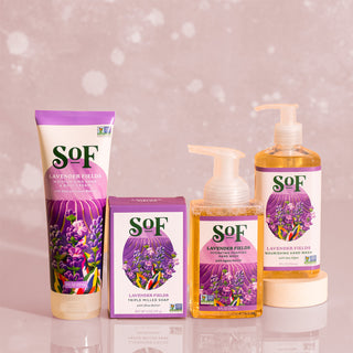 The Lavender Fields Bundle is displayed side by side on a pink surface, set against a softly blurred pink background.