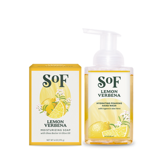 A box of Lemon Verbena Foaming Hand Soap and Bar Soap, with yellow lemon and green leaf designs, offers a refreshing daily cleanse and layered citrus scents.