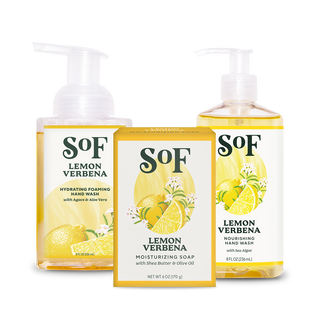 The Lemon Verbena Bundle includes a hydrating foaming hand wash, moisturizing soap bar, and nourishing hand wash—all in yellow, lemon-themed packaging with layered scents ideal for your daily cleanse.