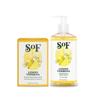 A yellow box of SoF Lemon Verbena Bar Soap sits beside a clear pump of SoF Lemon Verbena Liquid Hand Soap, both with lemon and leaf designs—perfect essentials for your daily cleanse.