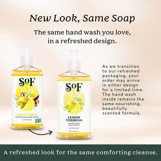 Two bottles of Lemon Verbena Nourishing Hand Wash with updated label designs are shown. The text notes that while the packaging is refreshed, the nourishing formula inside remains the same.