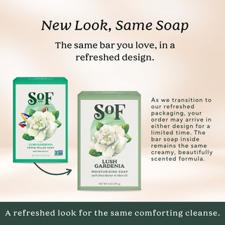 Two boxes of Lush Gardenia Moisturizing Bar Soap—one old, one new—are shown side by side. A note explains only the packaging has changed; the moisturizing bar soap inside remains the same.