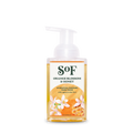 A clear pump bottle of Orange Blossom & Honey Hydrating Foaming Hand Wash contains orange liquid, floral and honeycomb label designs, features agave and aloe vera, and has a paraben free formula.