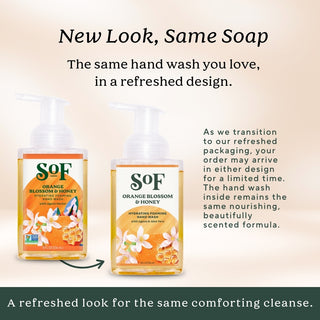 Two bottles of Orange Blossom & Honey Hydrating Foaming Hand Wash are shown—one with old packaging and one with the new look. The soothing aloe vera formula inside remains the same despite the updated design.