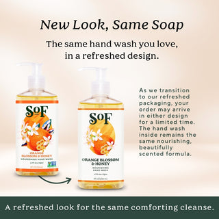 Two bottles of Orange Blossom & Honey Nourishing Hand Wash are shown with different labels. The text notes new packaging but the same essential oil formula. A green banner says, "A refreshed look for the same comforting cleanse.