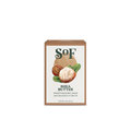 A brown rectangular box of Shea Butter Moisturizing Bar Soap with an illustration of a shea nut and green leaves. This triple-milled 6 oz (170g) bar features organic shea butter and olive oil for a moisturizing lather.