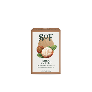 A brown rectangular box of Shea Butter Moisturizing Bar Soap with an illustration of a shea nut and green leaves. This triple-milled 6 oz (170g) bar features organic shea butter and olive oil for a moisturizing lather.