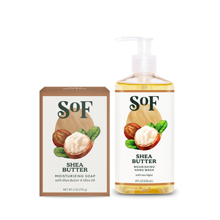 A box of Shea Butter Bar Soap and a bottle of Shea Butter Liquid Hand Soap, both with shea nuts and leaves on white backgrounds, gently cleanse and nourish your skin.
