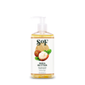 Clear plastic pump bottle of Shea Butter Nourishing Hand Wash with sea algae, shea nuts and leaves on the white label. The 8 fl oz (236 ml) formula is both BPA free and paraben free.