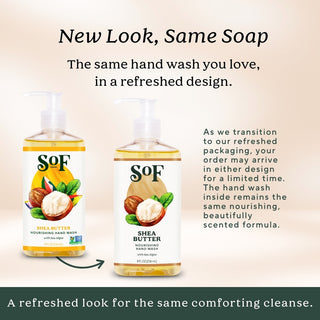 Two bottles of Shea Butter Nourishing Hand Wash—one old, one new packaging. Both feature the same nourishing formula with essential oils. Only the look has changed; the product inside remains unchanged.