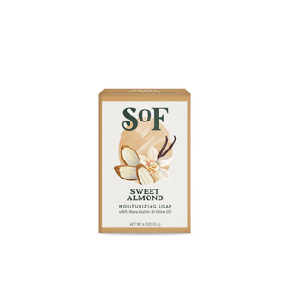 A 6 oz (170 g) box of Sweet Almond Moisturizing Bar Soap, enriched with shea butter and olive oil, featuring almond flowers and vanilla pods on the front.