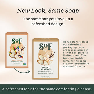 Two boxes of Sweet Almond Moisturizing Bar Soap—one old, one new packaging. The update keeps the same moisturizing lather and formula you love; only the look has changed.